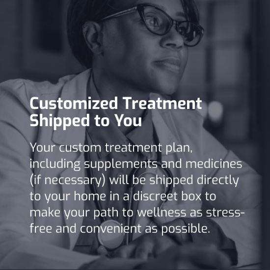 Your custom treatment plan, including supplements and medicines (if necessary) will be shipped directly to your home in a discreet box to make your path to wellness as stress-free and convenient as possible. 
